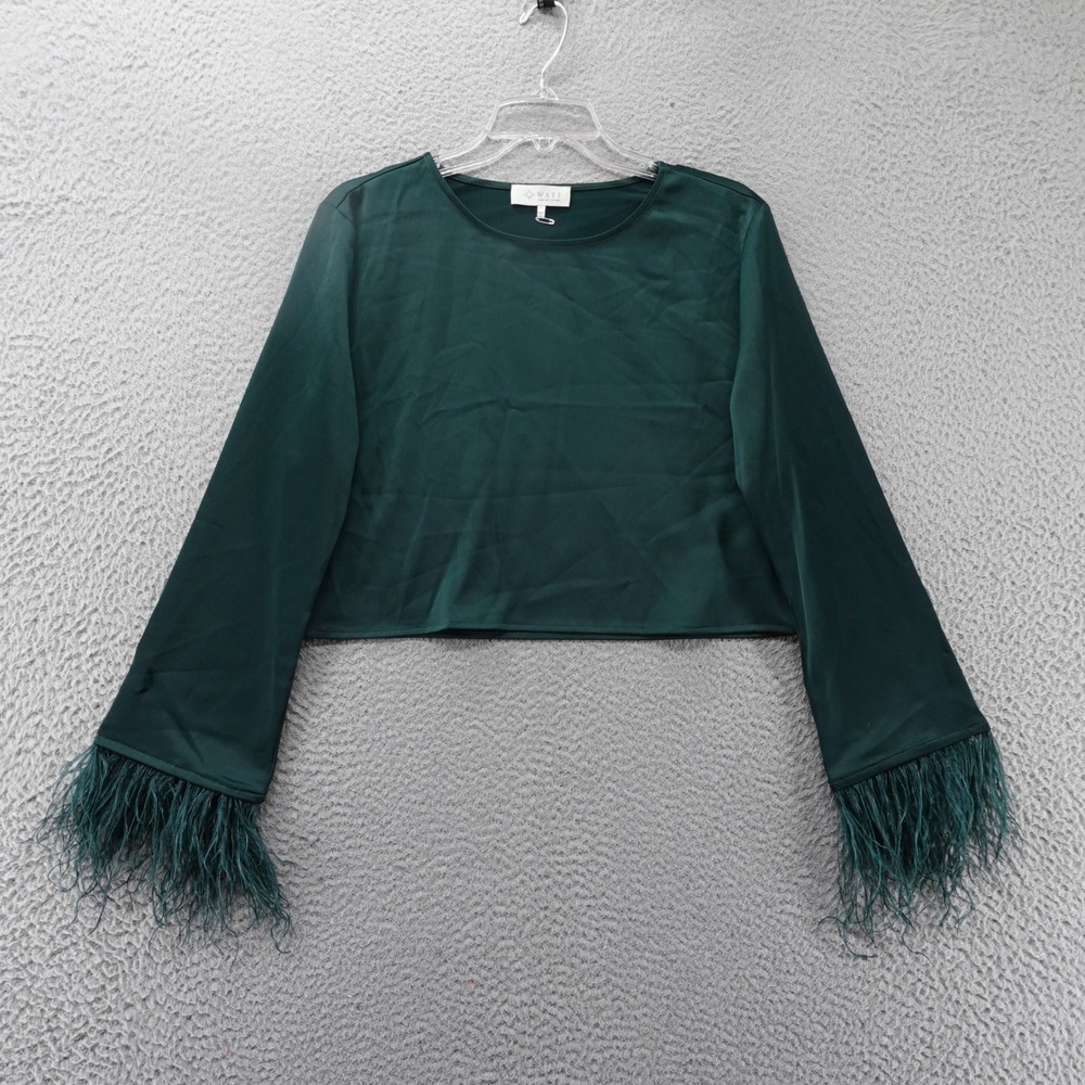 WAYF Women XS Deep Green Feather Fringe Trim Cuff Satin Cropped Blouse Top NEW